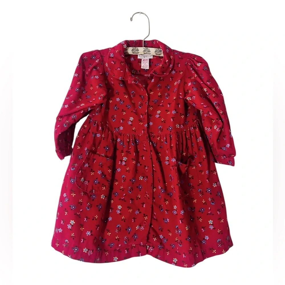 Vintage Just Friends Corduroy Kid's Girl's Red Floral Dress Empire Waist